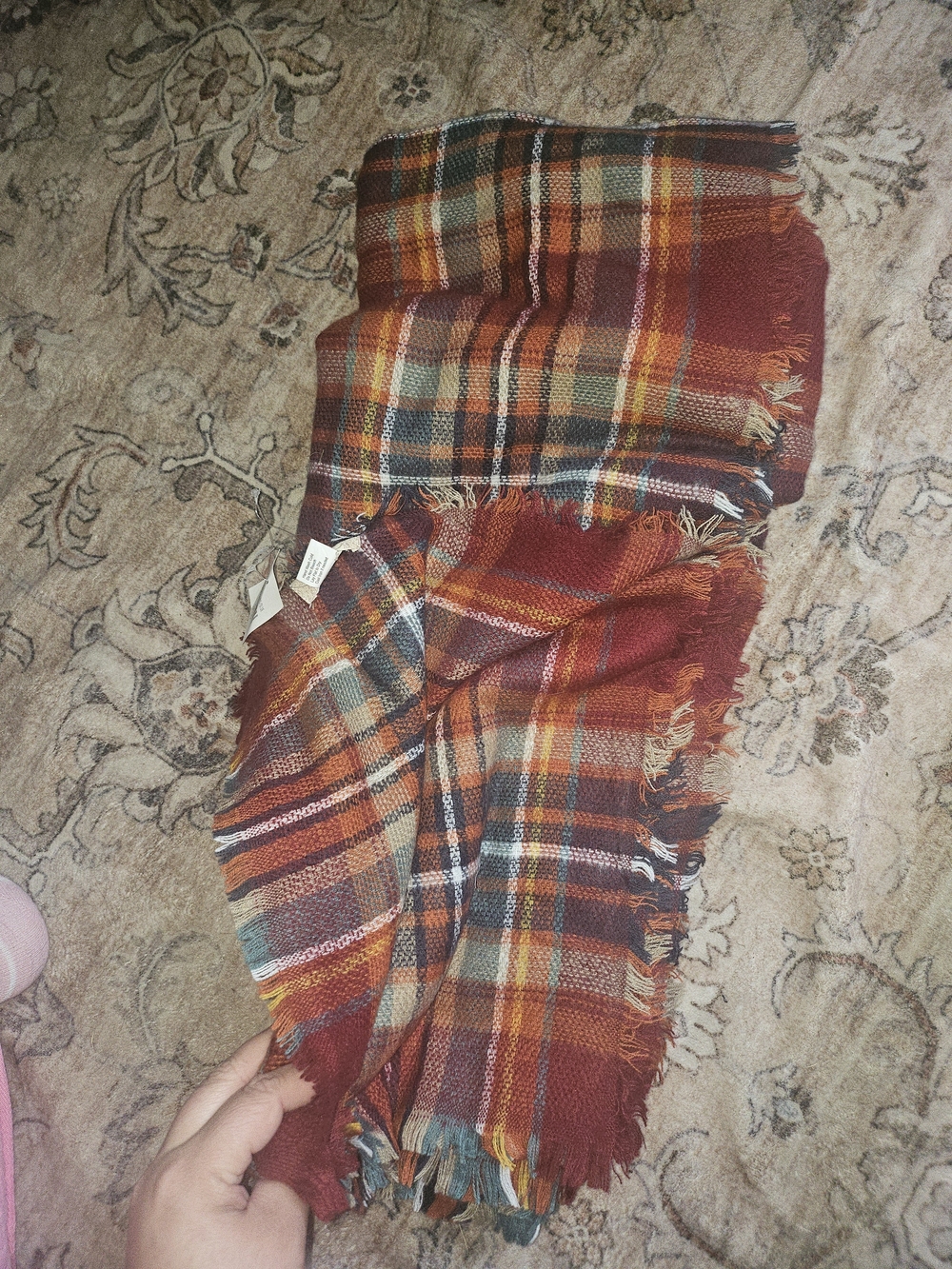 Altar'd State Red Multi Plaid Fringe Wrap Scarf